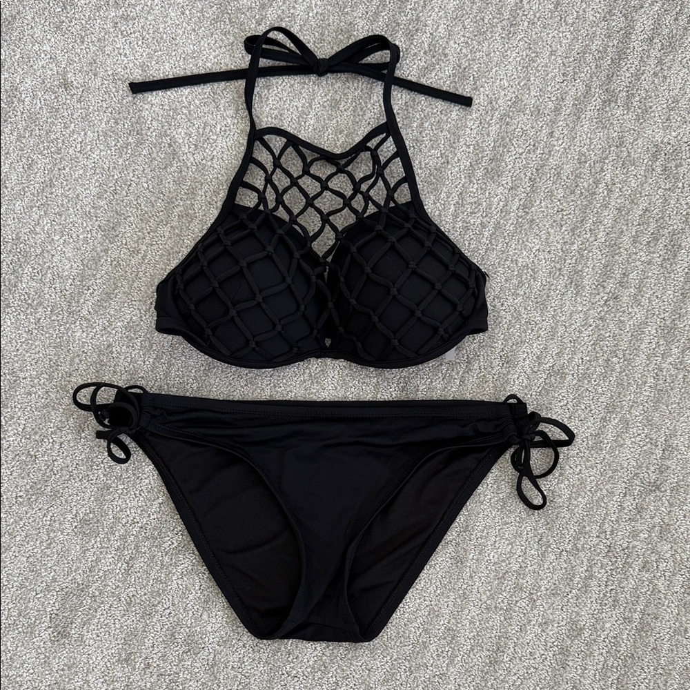 Black Mesh Bikini Top and Mid Rise Side Tie Bottoms